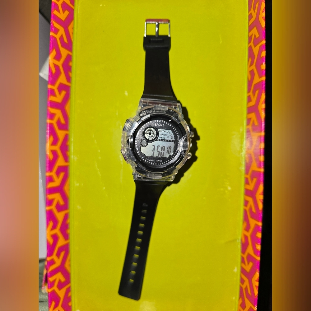 New Unisex Black And Clear Digital Sport Watch. Water resistant. Multifunction